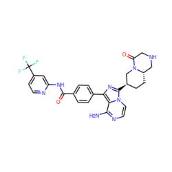 Nc1nccn2c([C@@H]3CC[C@H]4CNCC(=O)N4C3)nc(-c3ccc(C(=O)Nc4cc(C(F)(F)F)ccn4)cc3)c12 ZINC000145436793