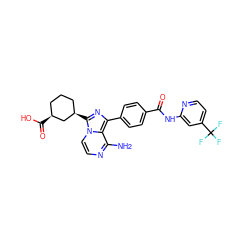 Nc1nccn2c([C@@H]3CCC[C@H](C(=O)O)C3)nc(-c3ccc(C(=O)Nc4cc(C(F)(F)F)ccn4)cc3)c12 ZINC001772619962