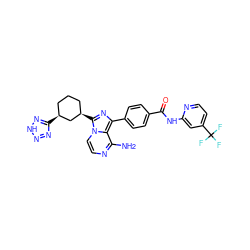 Nc1nccn2c([C@@H]3CCC[C@H](c4nn[nH]n4)C3)nc(-c3ccc(C(=O)Nc4cc(C(F)(F)F)ccn4)cc3)c12 ZINC001772613407