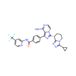 Nc1nccn2c([C@@H]3CCCn4c(C5CC5)nnc43)nc(-c3ccc(C(=O)Nc4cc(C(F)(F)F)ccn4)cc3)c12 ZINC000217090886