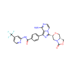 Nc1nccn2c([C@H]3CN4C(=O)OC[C@H]4CO3)nc(-c3ccc(C(=O)Nc4cc(C(F)(F)F)ccn4)cc3)c12 ZINC000145512039