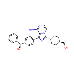 Nc1nccn2c1c(-c1ccc([C@@H](O)c3ccccc3)cc1)nc2[C@H]1CC[C@H](CO)CC1 ZINC000261162701