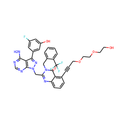 Nc1ncnc2c1c(-c1cc(O)cc(F)c1)nn2Cc1nc2cccc(C#CCOCCOCCO)c2c(=O)n1Cc1ccccc1C(F)(F)F ZINC000225964208