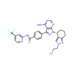 Nc1ncnc2c1c(-c1ccc(C(=O)Nc3cc(C(F)(F)F)ccn3)cc1)nn2[C@@H]1CCCc2nn(CCO)cc21 ZINC000217070508