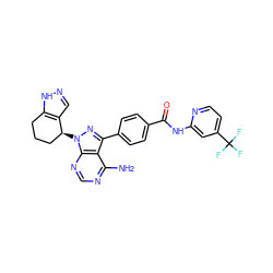 Nc1ncnc2c1c(-c1ccc(C(=O)Nc3cc(C(F)(F)F)ccn3)cc1)nn2[C@H]1CCCc2[nH]ncc21 ZINC000217077452