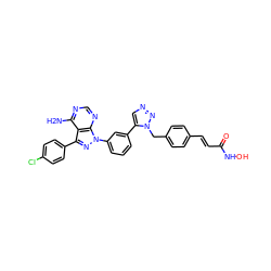 Nc1ncnc2c1c(-c1ccc(Cl)cc1)nn2-c1cccc(-c2cnnn2Cc2ccc(/C=C/C(=O)NO)cc2)c1 ZINC000096916924