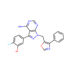 Nc1ncnc2c1c(-c1ccc(F)c(O)c1)nn2Cc1ocnc1-c1ccccc1 ZINC000008581928