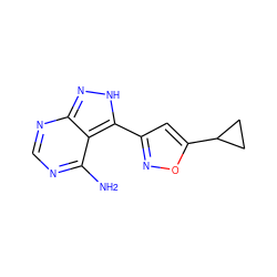 Nc1ncnc2n[nH]c(-c3cc(C4CC4)on3)c12 ZINC000653778457