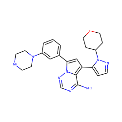 Nc1ncnn2c(-c3cccc(N4CCNCC4)c3)cc(-c3ccnn3C3CCOCC3)c12 ZINC001772578269