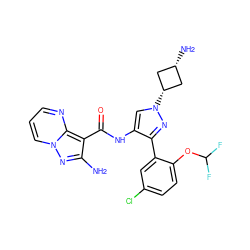 Nc1nn2cccnc2c1C(=O)Nc1cn([C@H]2C[C@@H](N)C2)nc1-c1cc(Cl)ccc1OC(F)F ZINC001772635895