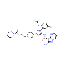 Nc1nn2cccnc2c1C(=O)Nc1cn(C2CCN(CCCC(=O)N3CCCCC3)CC2)nc1-c1cc(Cl)ccc1OC(F)F ZINC001772606346