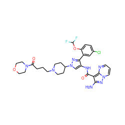 Nc1nn2cccnc2c1C(=O)Nc1cn(C2CCN(CCCC(=O)N3CCOCC3)CC2)nc1-c1cc(Cl)ccc1OC(F)F ZINC001772635492