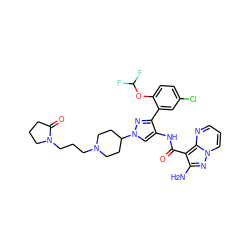 Nc1nn2cccnc2c1C(=O)Nc1cn(C2CCN(CCCN3CCCC3=O)CC2)nc1-c1cc(Cl)ccc1OC(F)F ZINC001772642505