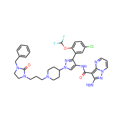 Nc1nn2cccnc2c1C(=O)Nc1cn(C2CCN(CCCN3CCN(Cc4ccccc4)C3=O)CC2)nc1-c1cc(Cl)ccc1OC(F)F ZINC001772635924