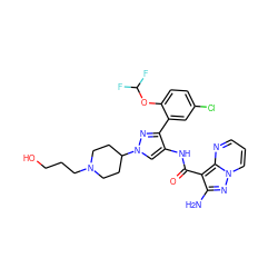 Nc1nn2cccnc2c1C(=O)Nc1cn(C2CCN(CCCO)CC2)nc1-c1cc(Cl)ccc1OC(F)F ZINC001772631216