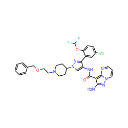 Nc1nn2cccnc2c1C(=O)Nc1cn(C2CCN(CCOCc3ccccc3)CC2)nc1-c1cc(Cl)ccc1OC(F)F ZINC001772616297