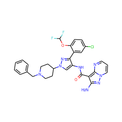 Nc1nn2cccnc2c1C(=O)Nc1cn(C2CCN(Cc3ccccc3)CC2)nc1-c1cc(Cl)ccc1OC(F)F ZINC001772589875