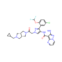 Nc1nn2cccnc2c1C(=O)Nc1cn(CC(=O)N2C[C@@H]3CN(CC4CC4)C[C@@H]3C2)nc1-c1cc(Cl)ccc1OC(F)F ZINC001772624636