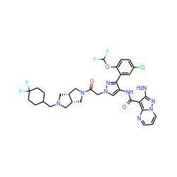 Nc1nn2cccnc2c1C(=O)Nc1cn(CC(=O)N2C[C@@H]3CN(CC4CCC(F)(F)CC4)C[C@@H]3C2)nc1-c1cc(Cl)ccc1OC(F)F ZINC001772621969