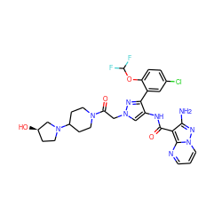 Nc1nn2cccnc2c1C(=O)Nc1cn(CC(=O)N2CCC(N3CC[C@@H](O)C3)CC2)nc1-c1cc(Cl)ccc1OC(F)F ZINC001772643108