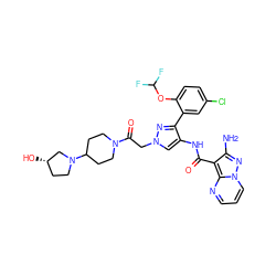 Nc1nn2cccnc2c1C(=O)Nc1cn(CC(=O)N2CCC(N3CC[C@H](O)C3)CC2)nc1-c1cc(Cl)ccc1OC(F)F ZINC001772629919