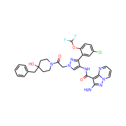 Nc1nn2cccnc2c1C(=O)Nc1cn(CC(=O)N2CCC(O)(Cc3ccccc3)CC2)nc1-c1cc(Cl)ccc1OC(F)F ZINC001772611110