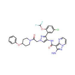 Nc1nn2cccnc2c1C(=O)Nc1cn(CC(=O)N2CCC(Oc3ccccc3)CC2)nc1-c1cc(Cl)ccc1OC(F)F ZINC001772581338