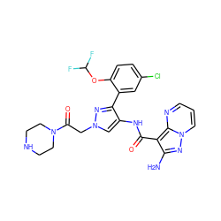 Nc1nn2cccnc2c1C(=O)Nc1cn(CC(=O)N2CCNCC2)nc1-c1cc(Cl)ccc1OC(F)F ZINC001772623200