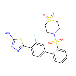 Nc1nnc(-c2ccc(-c3ccccc3S(=O)(=O)N3CCS(=O)(=O)CC3)cc2F)s1 ZINC000224768127