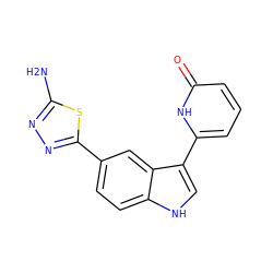 Nc1nnc(-c2ccc3[nH]cc(-c4cccc(=O)[nH]4)c3c2)s1 ZINC000204768556