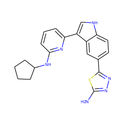 Nc1nnc(-c2ccc3[nH]cc(-c4cccc(NC5CCCC5)n4)c3c2)s1 ZINC000204769688