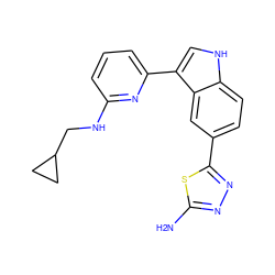 Nc1nnc(-c2ccc3[nH]cc(-c4cccc(NCC5CC5)n4)c3c2)s1 ZINC000204776561