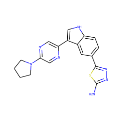 Nc1nnc(-c2ccc3[nH]cc(-c4cnc(N5CCCC5)cn4)c3c2)s1 ZINC000145435662