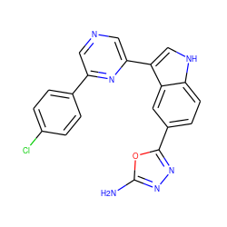 Nc1nnc(-c2ccc3[nH]cc(-c4cncc(-c5ccc(Cl)cc5)n4)c3c2)o1 ZINC000145441138