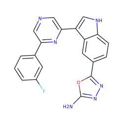 Nc1nnc(-c2ccc3[nH]cc(-c4cncc(-c5cccc(F)c5)n4)c3c2)o1 ZINC000204761366