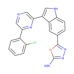 Nc1nnc(-c2ccc3[nH]cc(-c4cncc(-c5ccccc5Cl)n4)c3c2)o1 ZINC000145419474