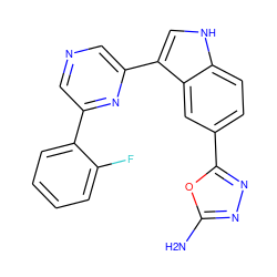 Nc1nnc(-c2ccc3[nH]cc(-c4cncc(-c5ccccc5F)n4)c3c2)o1 ZINC000145392671