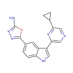 Nc1nnc(-c2ccc3[nH]cc(-c4cncc(C5CC5)n4)c3c2)o1 ZINC000203729337