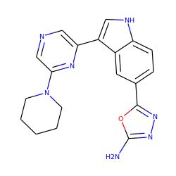 Nc1nnc(-c2ccc3[nH]cc(-c4cncc(N5CCCCC5)n4)c3c2)o1 ZINC000203724537