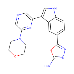 Nc1nnc(-c2ccc3[nH]cc(-c4cncc(N5CCOCC5)n4)c3c2)o1 ZINC000145423726