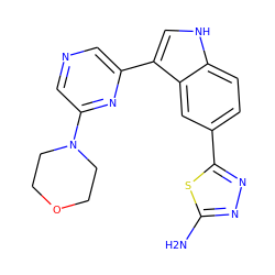 Nc1nnc(-c2ccc3[nH]cc(-c4cncc(N5CCOCC5)n4)c3c2)s1 ZINC000145436705