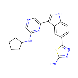 Nc1nnc(-c2ccc3[nH]cc(-c4cncc(NC5CCCC5)n4)c3c2)s1 ZINC000204761060