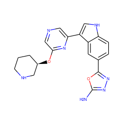 Nc1nnc(-c2ccc3[nH]cc(-c4cncc(O[C@@H]5CCCNC5)n4)c3c2)o1 ZINC000204769731