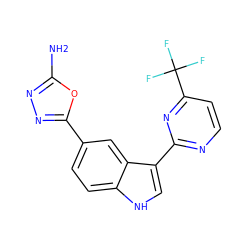 Nc1nnc(-c2ccc3[nH]cc(-c4nccc(C(F)(F)F)n4)c3c2)o1 ZINC000145406715