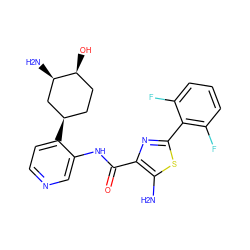 Nc1sc(-c2c(F)cccc2F)nc1C(=O)Nc1cnccc1[C@@H]1CC[C@H](O)[C@H](N)C1 ZINC000141504222