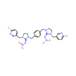 O=[N+]([O-])/N=C1/N(Cc2ccc(CN3CCN(Cc4ccc(Cl)nc4)/C3=N\[N+](=O)[O-])cc2)CCN1Cc1ccc(Cl)nc1 ZINC000044307009