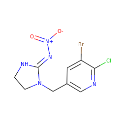 O=[N+]([O-])/N=C1\NCCN1Cc1cnc(Cl)c(Br)c1 ZINC000103185015