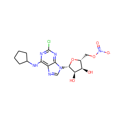 O=[N+]([O-])OC[C@H]1O[C@@H](n2cnc3c(NC4CCCC4)nc(Cl)nc32)[C@H](O)[C@@H]1O ZINC000043100738