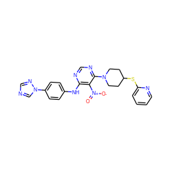 O=[N+]([O-])c1c(Nc2ccc(-n3cncn3)cc2)ncnc1N1CCC(Sc2ccccn2)CC1 ZINC000003962519