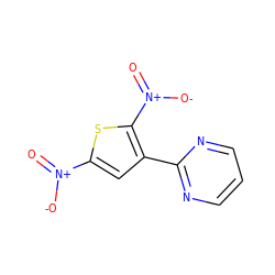 O=[N+]([O-])c1cc(-c2ncccn2)c([N+](=O)[O-])s1 ZINC000004419522